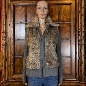 Ci Sono by Cavalini Grey Faux Fur Wool Blend Cable Knit Sleeve Zip Cardigan